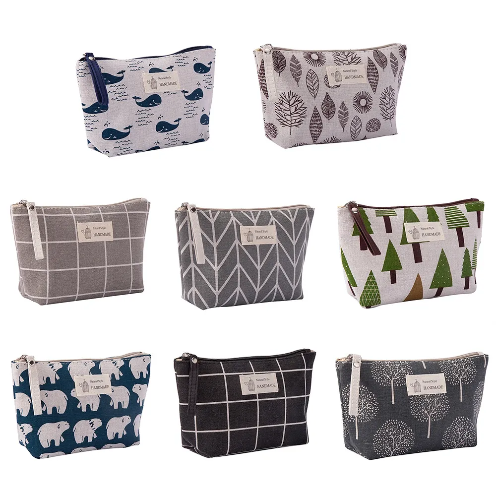 Women Simple Cartoon Plaid Leaves Printed Canvas Cosmetic Bag Handbag
