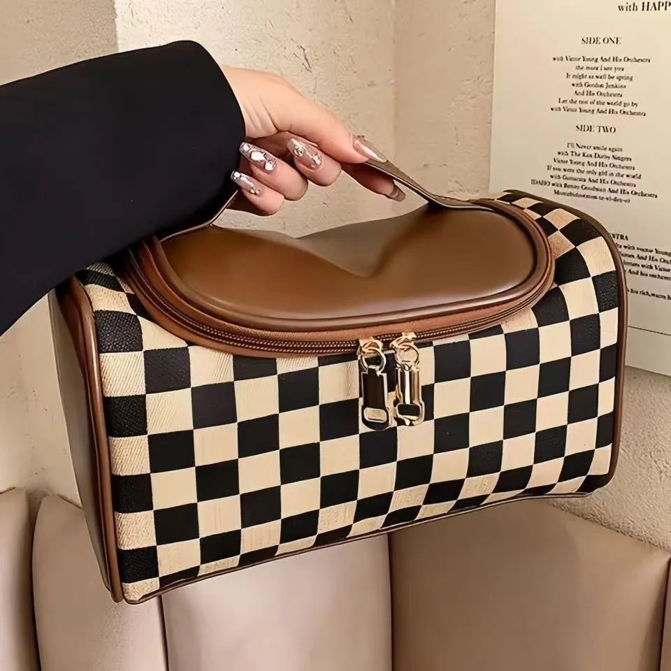 Women Simple Fashion Plaid Large Capacity PU Cosmetic Bag