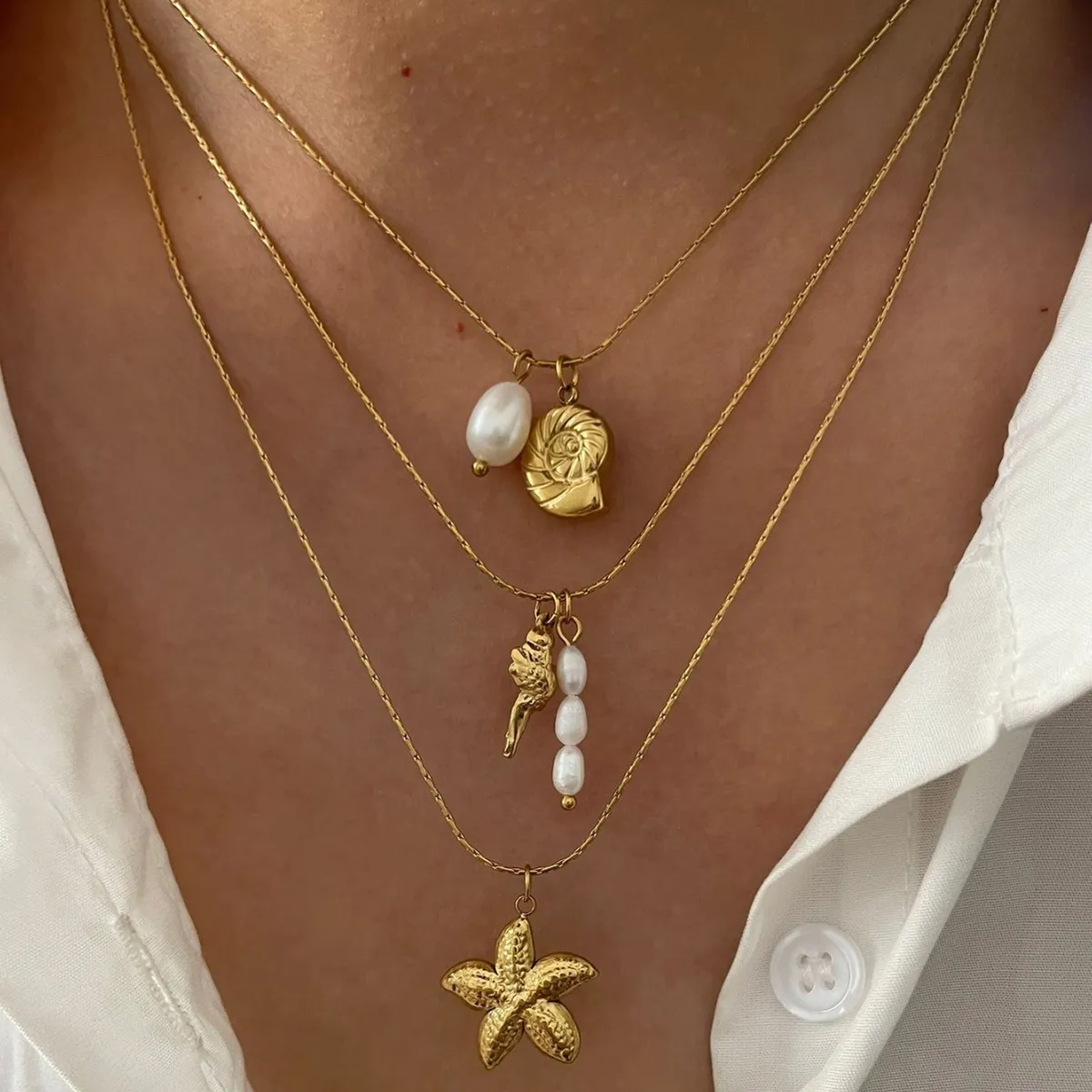 Women Fashion Holiday Style Starfish Conch Pendant Stainless Steel Necklace