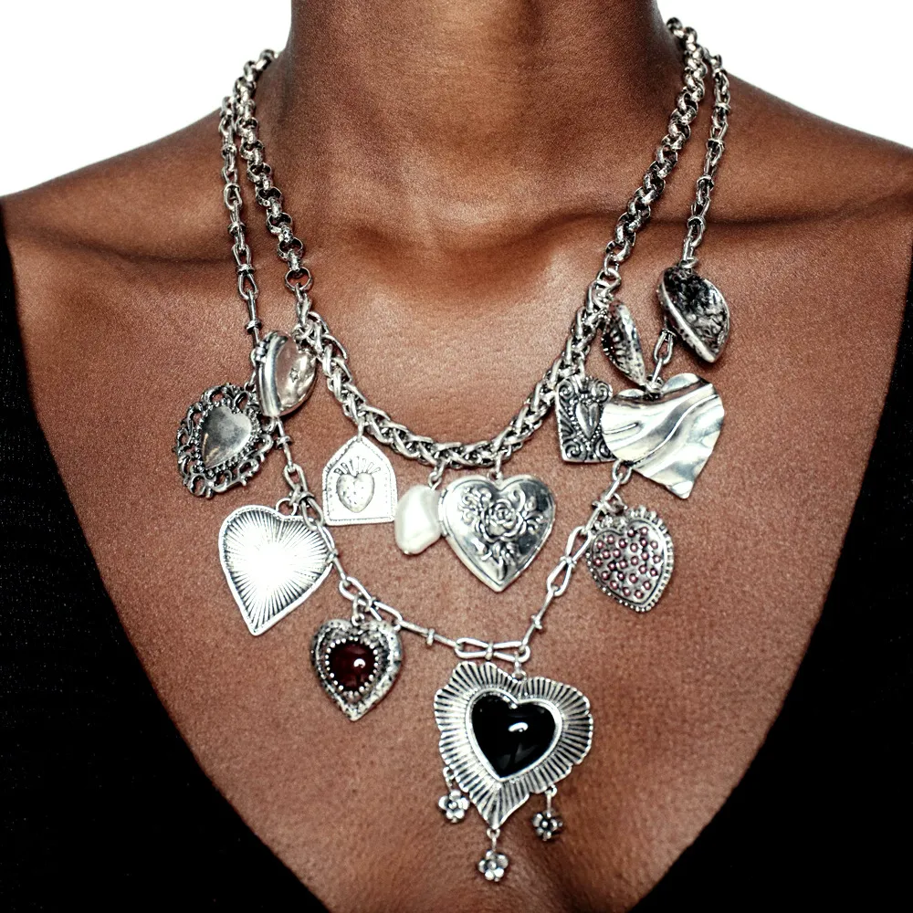 Women Fashion Exaggerated Multi-Layer Heart Pendant Necklace