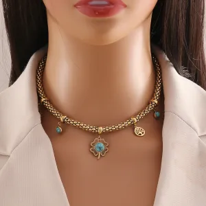 Women Fashion Exaggerated Stainless Steel Turquoise Floral Pendant Necklace