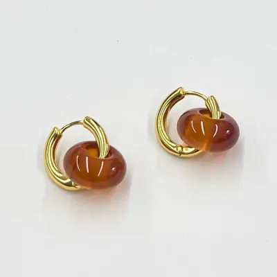 Women Fashion Simple Natural Onyx Jade Circle Earrings Retro Stainless Steel Maillard Wind