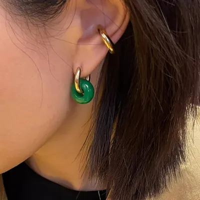 Women Fashion Simple Natural Onyx Jade Circle Earrings Retro Stainless Steel Maillard Wind