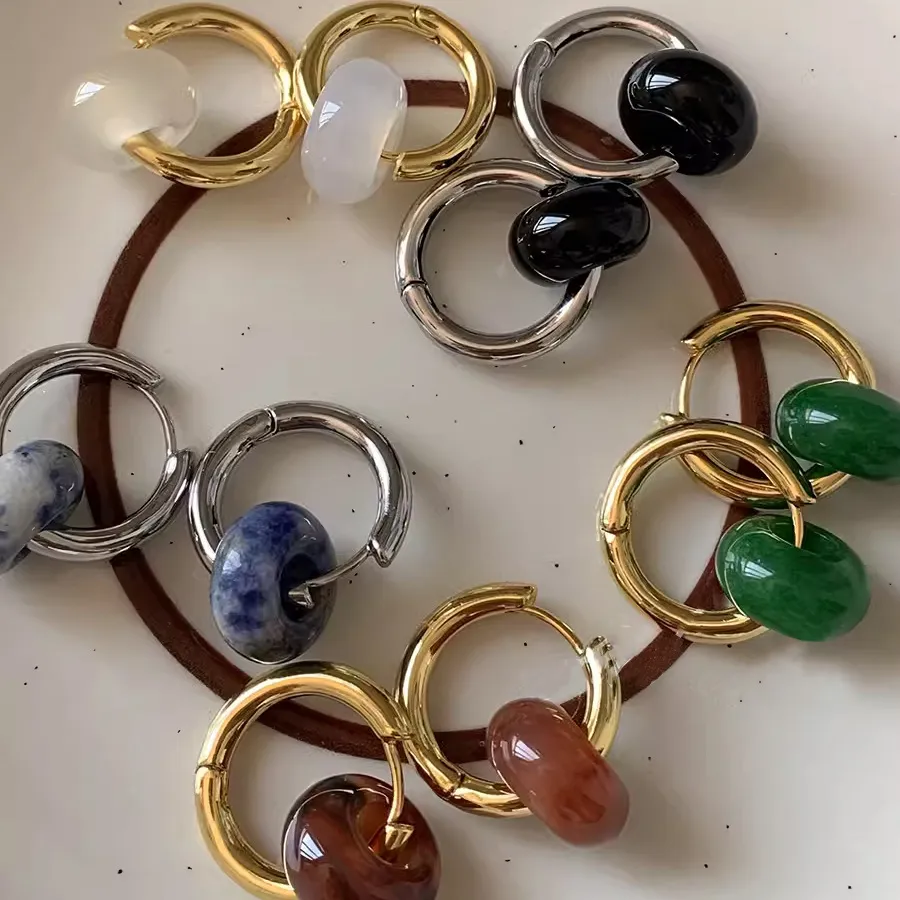 Women Fashion Simple Natural Onyx Jade Circle Earrings Retro Stainless Steel Maillard Wind