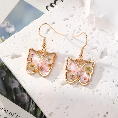 Women Sweet Heart-Shaped Butterfly Dried Flower Earrings