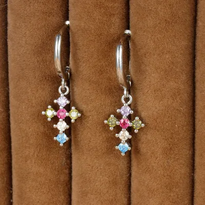 Women Fashion Multicolor Rhinestone Cross Pendant Earrings