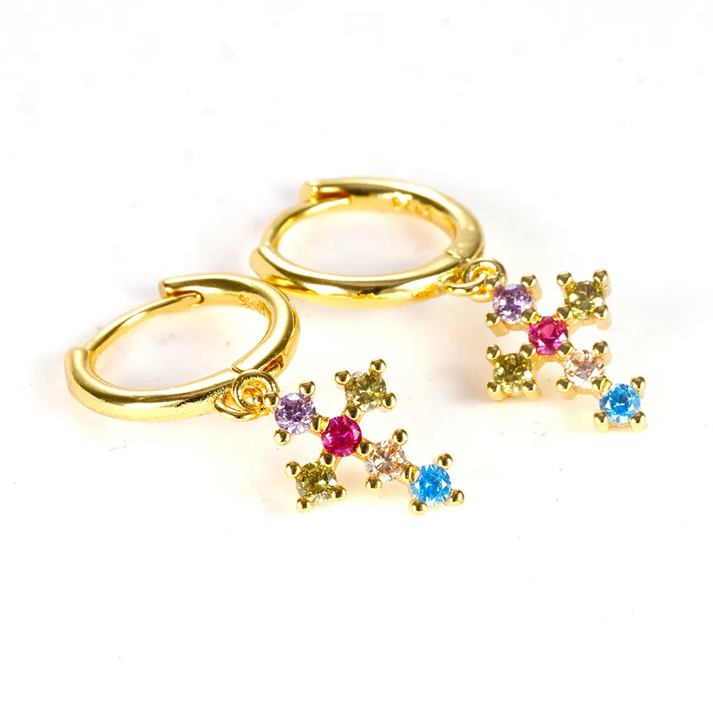 Women Fashion Multicolor Rhinestone Cross Pendant Earrings