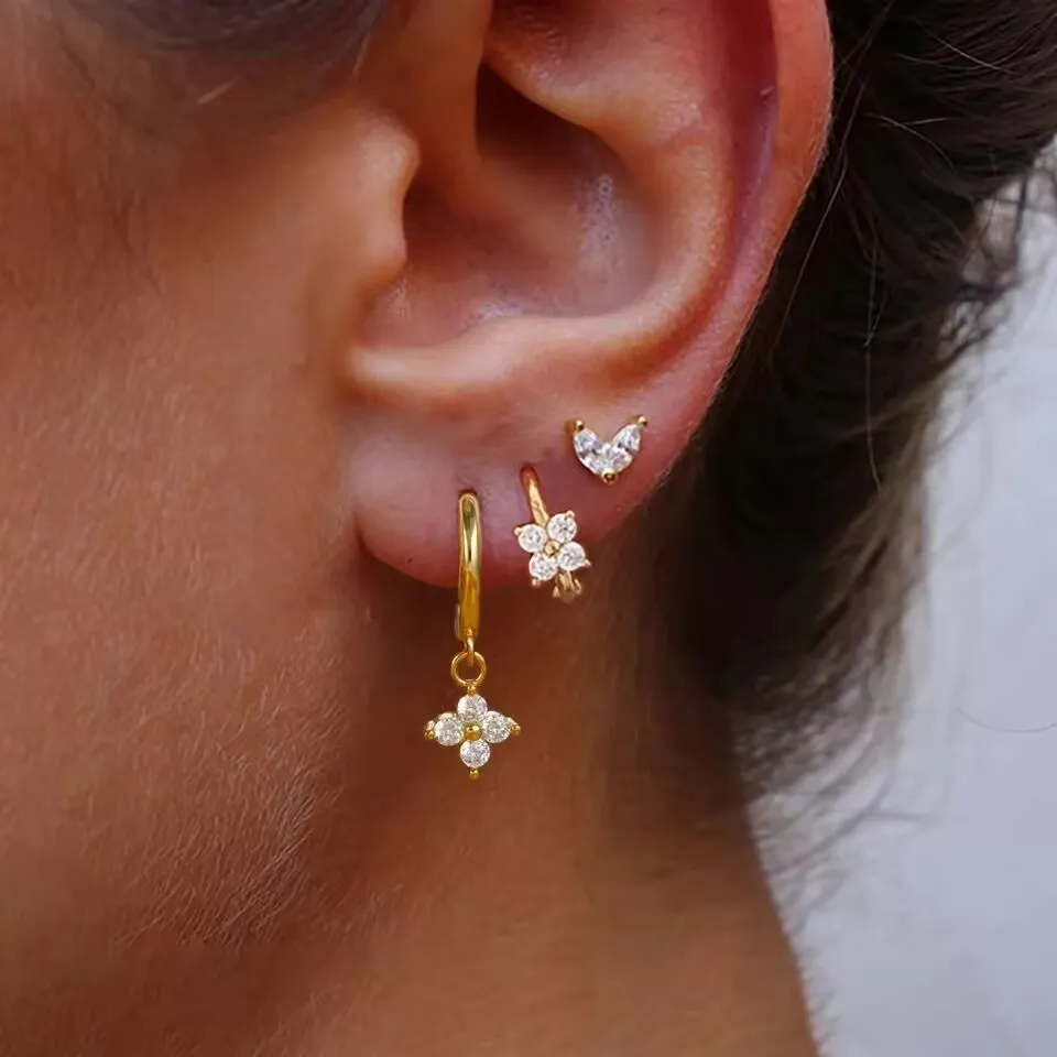 Women Fashion Simple Floral Rhinestone Earrings Set of 3