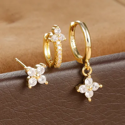 Women Fashion Geometric Flower Diamond Earrings 3 Pcs Set