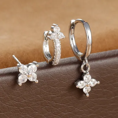 Women Fashion Geometric Flower Diamond Earrings 3 Pcs Set