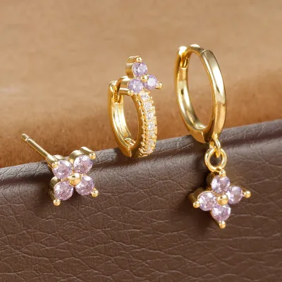 Women Fashion Geometric Flower Diamond Earrings 3 Pcs Set