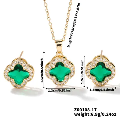 Exquisite Four-Leaf Clover Fashion Simple Earring Necklace Two-Piece Set for Women