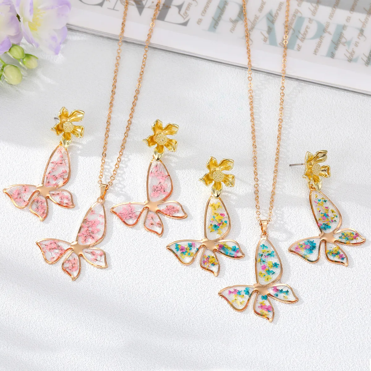 Women Fashion Butterfly Floral Sweet Small Tiny Flower Necklace Earrings Jewelry Set Alloy Pastoral