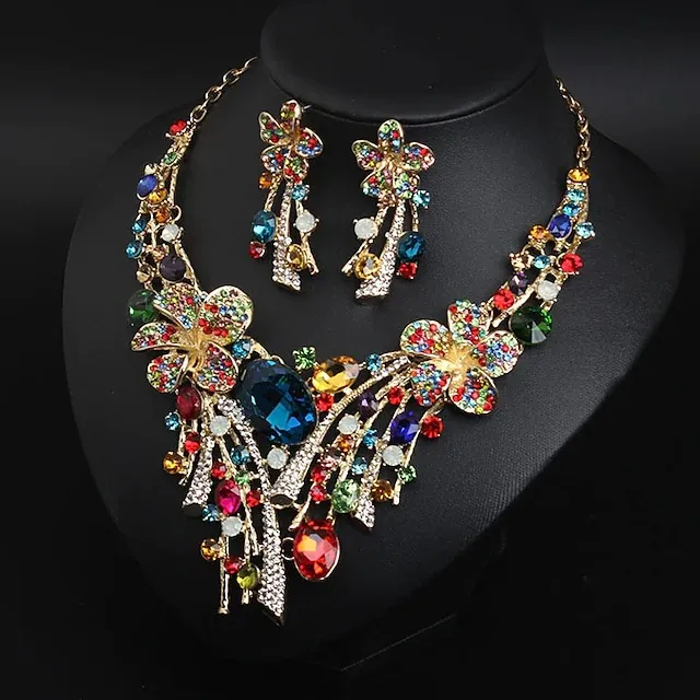 Women Fashion Multicolor Gem Rhinestone Necklace Earrings Jewelry Set