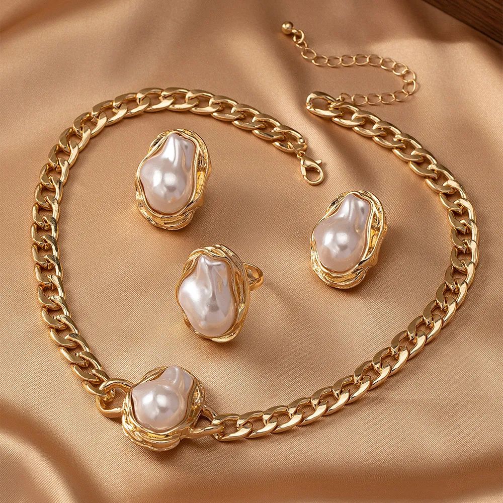 Women Fashion Exaggerated Alien Pearl Necklace Earrings Ring Jewelry Set