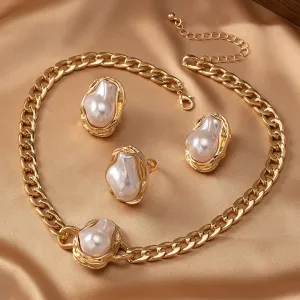 Women Fashion Exaggerated Alien Pearl Necklace Earrings Ring Jewelry Set