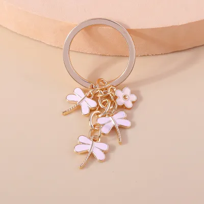 Women Simple Creative Three Dragonfly Floral Metal Key Chain
