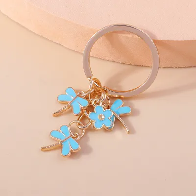 Women Simple Creative Three Dragonfly Floral Metal Key Chain