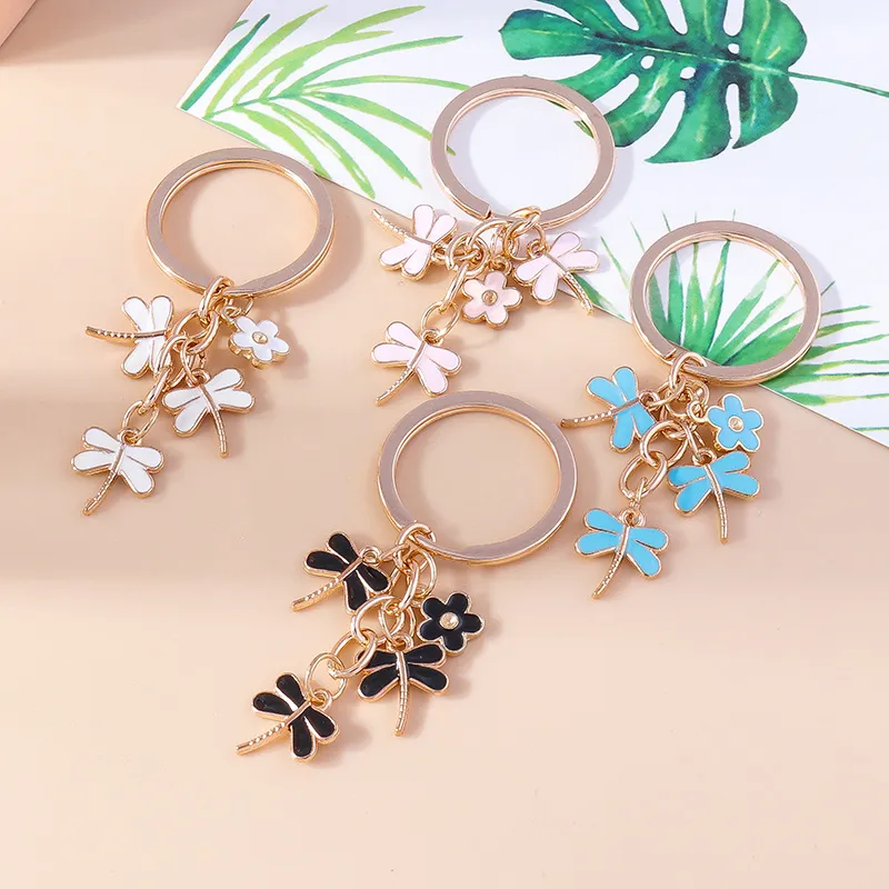 Women Simple Creative Three Dragonfly Floral Metal Key Chain