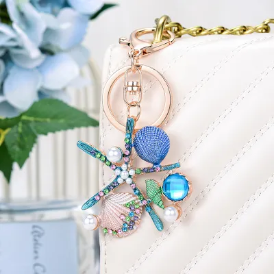 Women Fashion Creative Bohemian Sea Style Starfish Shell Rhinestone Alloy Keychain