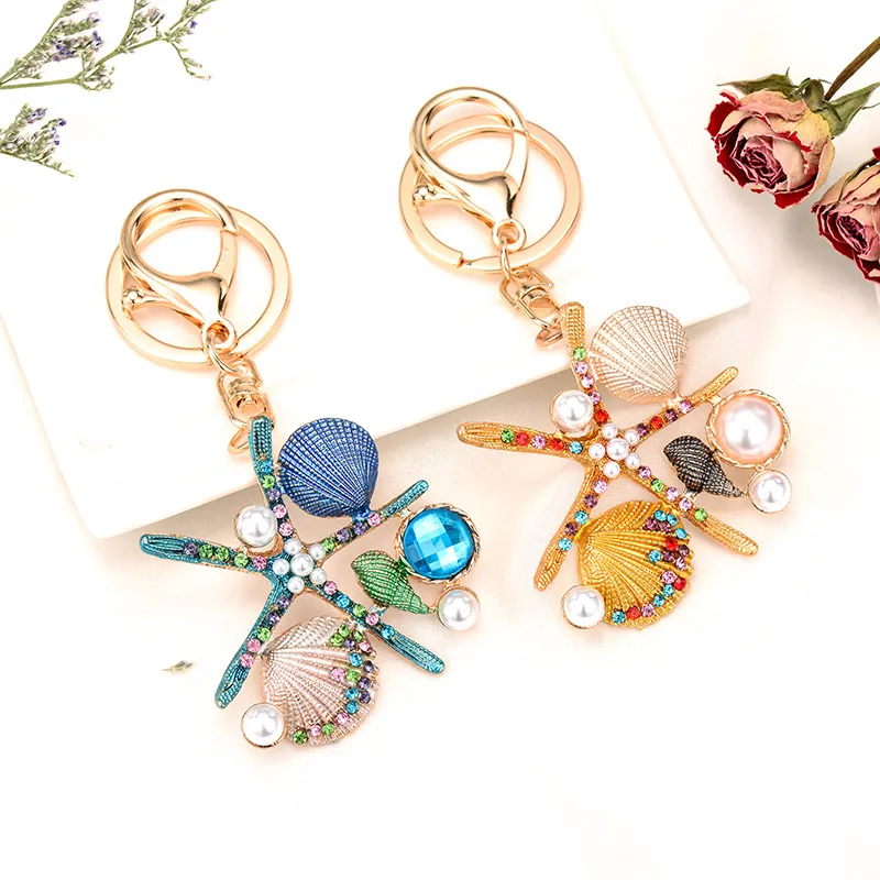 Women Fashion Creative Bohemian Sea Style Starfish Shell Rhinestone Alloy Keychain