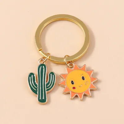 Women Fashion Cartoon Sunflower Cactus Key Chain Metal Keyring