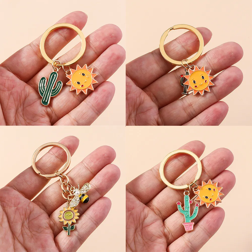 Women Fashion Cartoon Sunflower Cactus Key Chain Metal Keyring