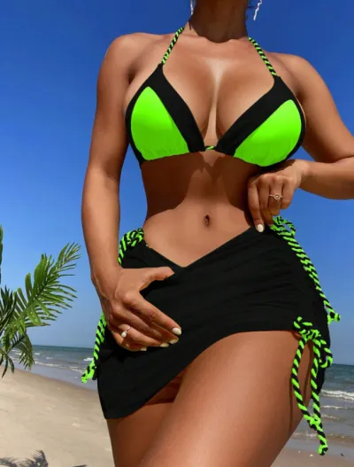 Women Sexy Contrast Stitching Drawstring Swimsuit Three-Piece Set