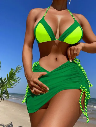 Women Sexy Contrast Stitching Drawstring Swimsuit Three-Piece Set