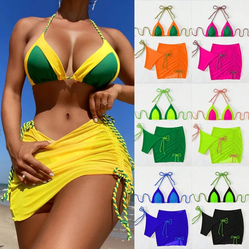 Women Sexy Contrast Stitching Drawstring Swimsuit Three-Piece Set