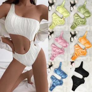 Women Sexy Solid Color Hollow One-Shoulder One-Piece Swimsuit