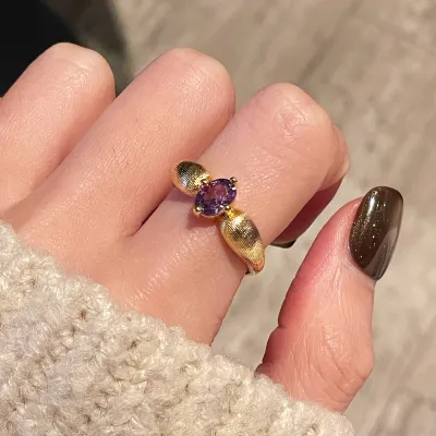 Purple Zircon Open French Retro Floral Ring for Women