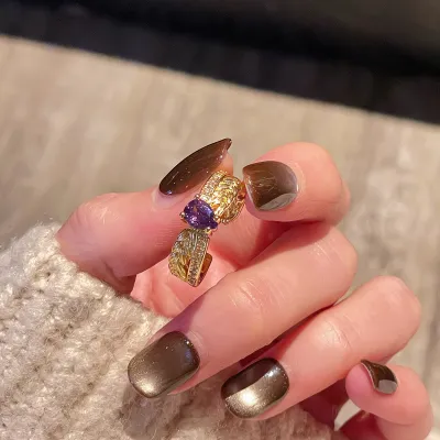 Purple Zircon Open French Retro Floral Ring for Women