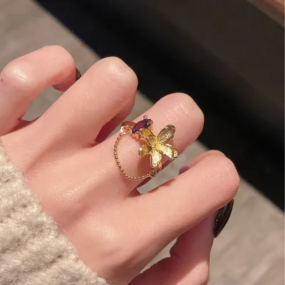 Purple Zircon Open French Retro Floral Ring for Women