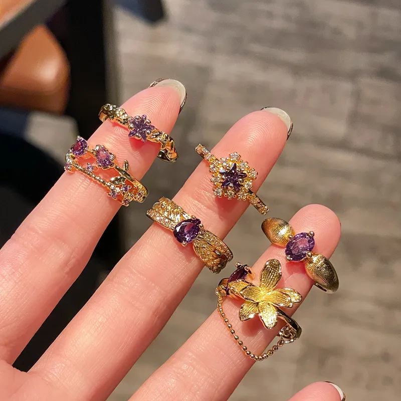 Purple Zircon Open French Retro Floral Ring for Women