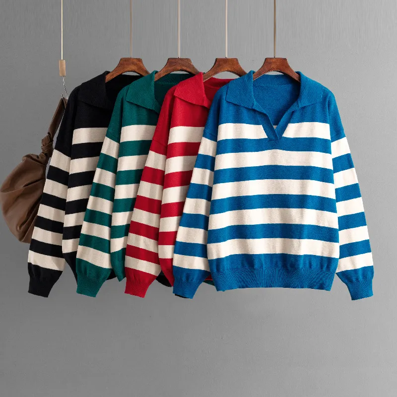 Women Casual Loose Lapel Pullover Stripe Sweater