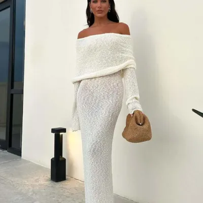 Women Beach Boat Neck Long Sleeves Horn Sleeve Solid Color Dress