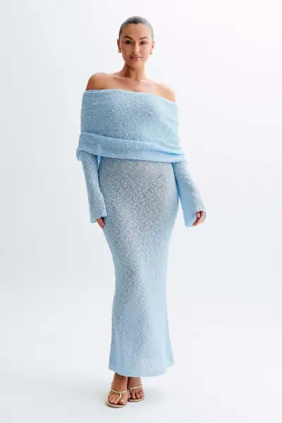 Women Beach Boat Neck Long Sleeves Horn Sleeve Solid Color Dress