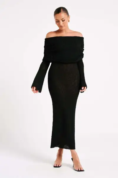 Women Beach Boat Neck Long Sleeves Horn Sleeve Solid Color Dress