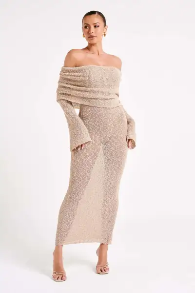 Women Beach Boat Neck Long Sleeves Horn Sleeve Solid Color Dress