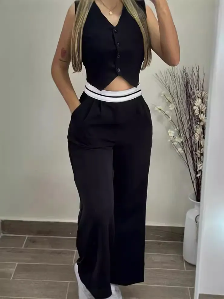 Women Solid Color Sleeveless Top and Pants Set