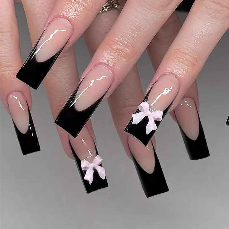 Simple Black Bow Fake Nail Marble Pattern Wearable
