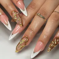 Women Fashion Simple White Edge Silver Glitter Wearable False Nails