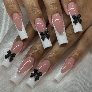 Fashion Bow Pearl Long False Nails