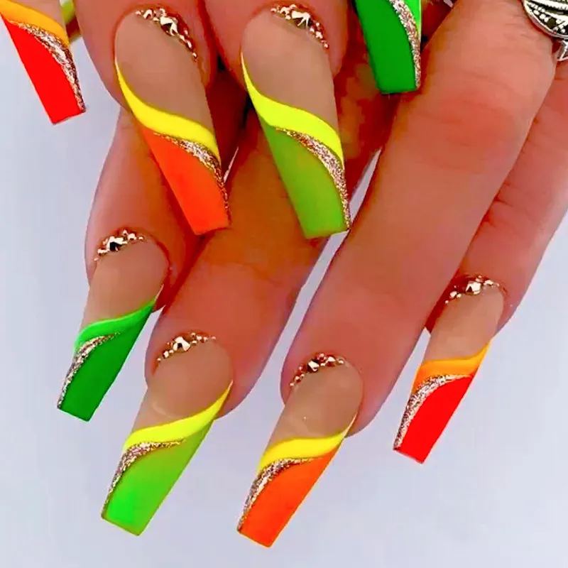 Fashion Multicolor Rhinestone False Nails Wearable Ballet Starry Sky Check Stars