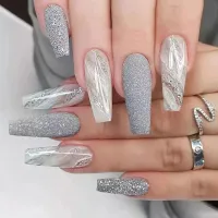 Women Fashion Simple White Edge Silver Glitter Wearable False Nails