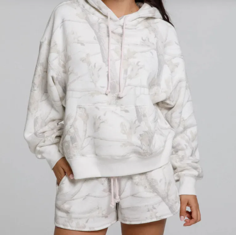 Autumn Winter Graphic Printing Fleece Women Leisure Hoodie Shorts Set