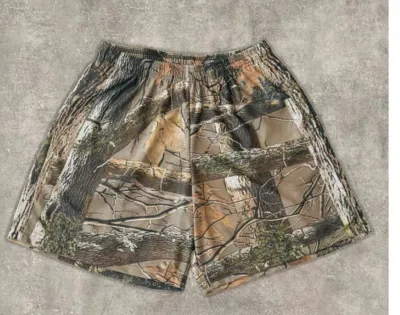 Summer Men Digital Tree Branch Printed Mesh Shorts with Slight Elasticity