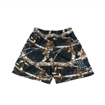 Summer Men Digital Tree Branch Printed Mesh Shorts with Slight Elasticity