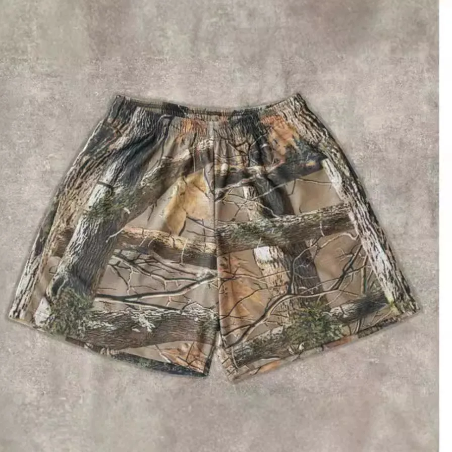 Summer Men Digital Tree Branch Printed Mesh Shorts with Slight Elasticity